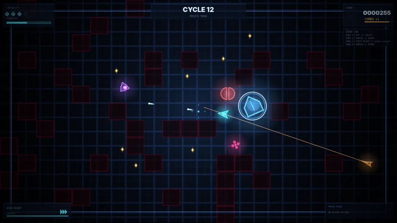 KERNEL PANIC gameplay at cycle 12: the player ship fights daemons while a Lancer aims across the arena