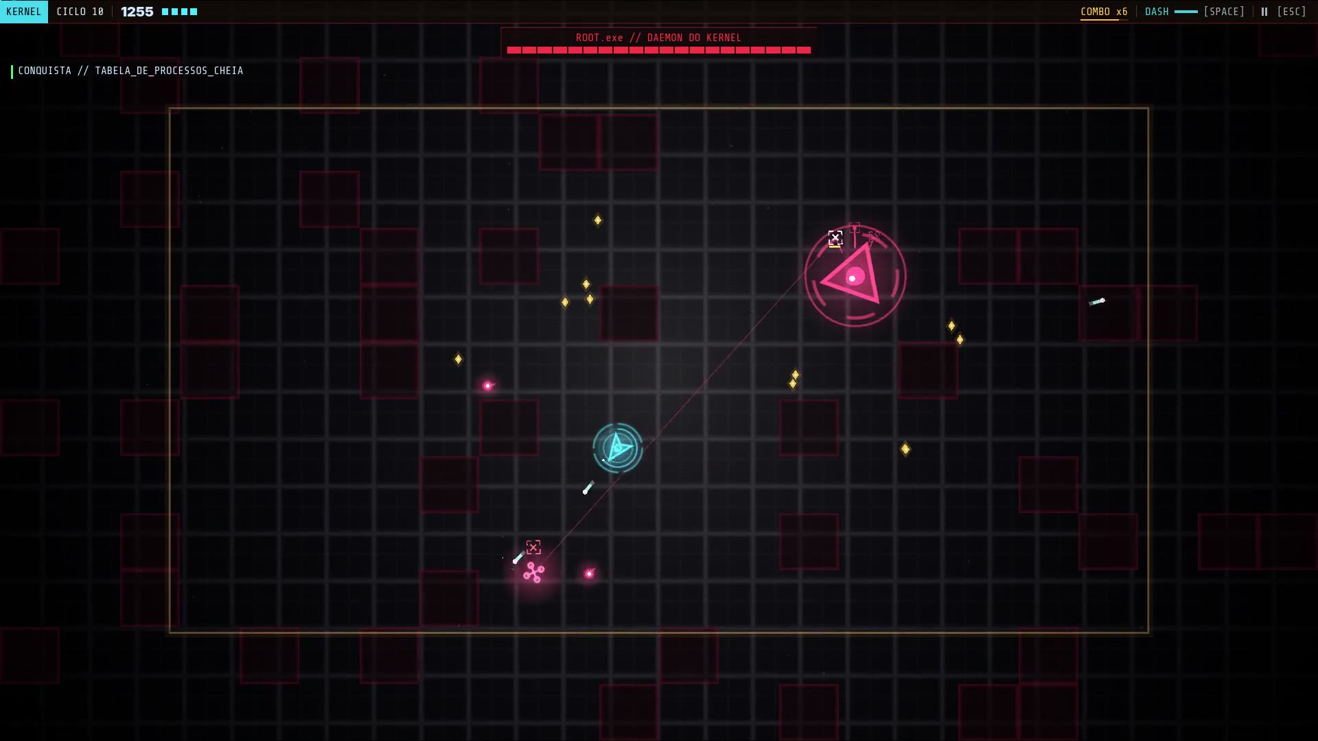 KERNEL PANIC gameplay: the player ship clears a dense wave, then fights the ROOT process and BEASTIE