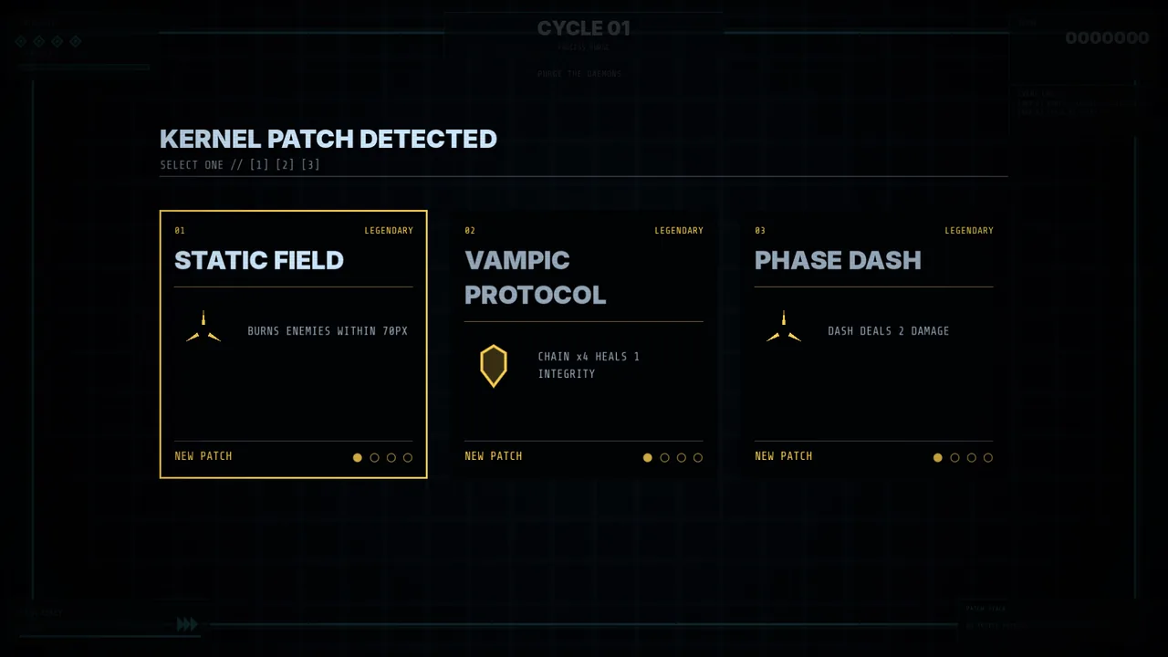 Kernel Panic patch selection offering Ricochet, Buffer Shield and Scrap Diet with their rarity and stack level