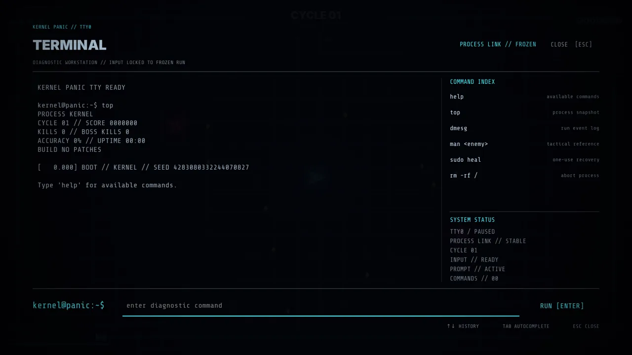 Kernel Panic pause terminal showing a top command, the command index and system status